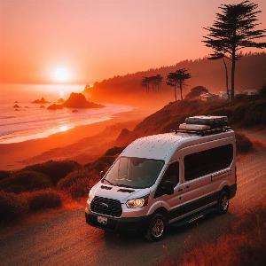 Ford Transit 350 HD extended camper van, van life in Mendocino at sunset-9